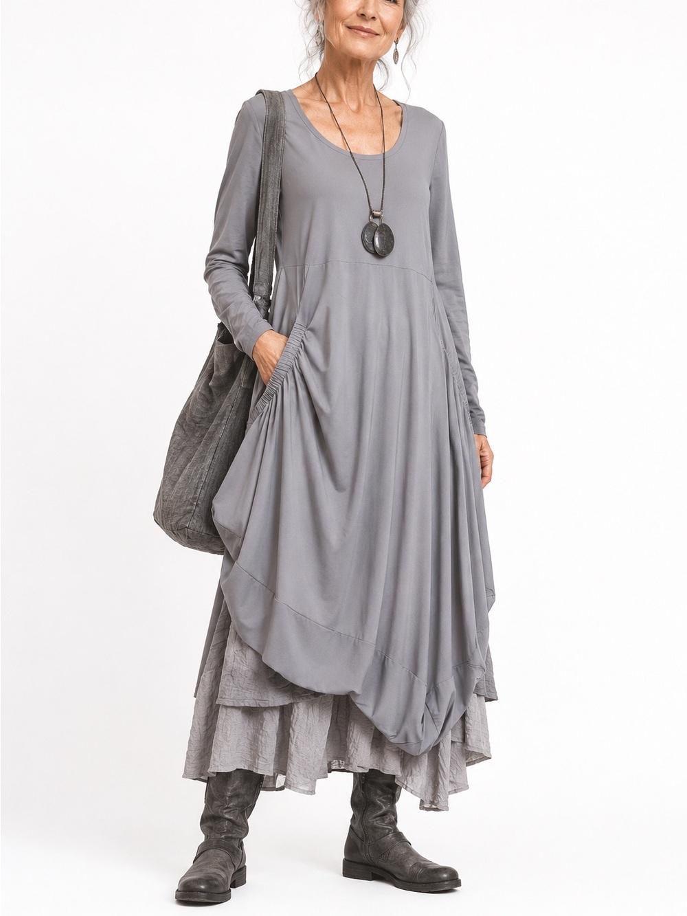 ISCHIKO Light Gray Lagenlook Asymmetrical Maxi Dress 10 Artsy Ruched Pocket